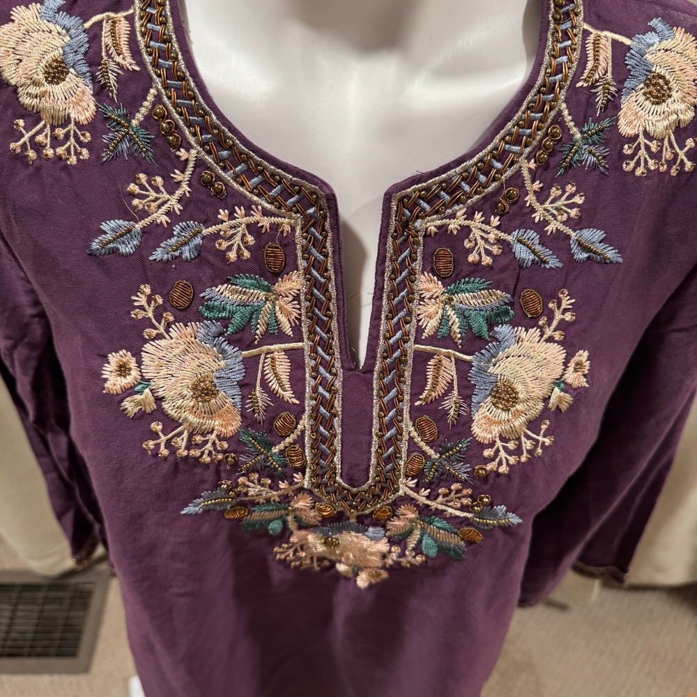 Bohemian Embroidered‎ Tunic Top with Beaded Neckline – Purple – Women's Medium - Picture 2 of 9